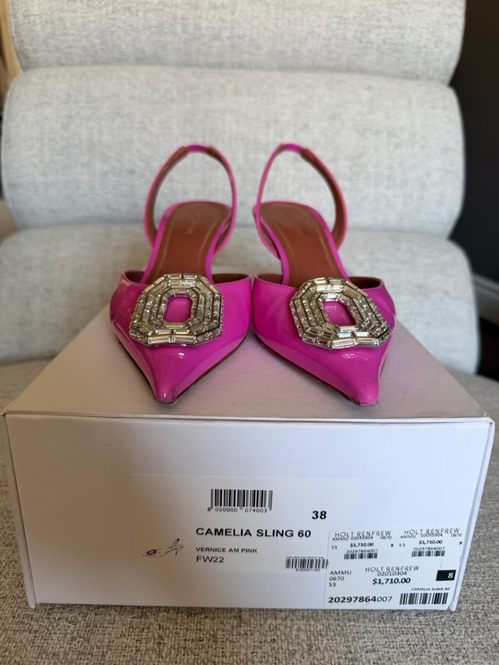 Amina Muaddi Hot Pink Patent Slingback Pumps with Crystal Octagon - Picture 6 of 6